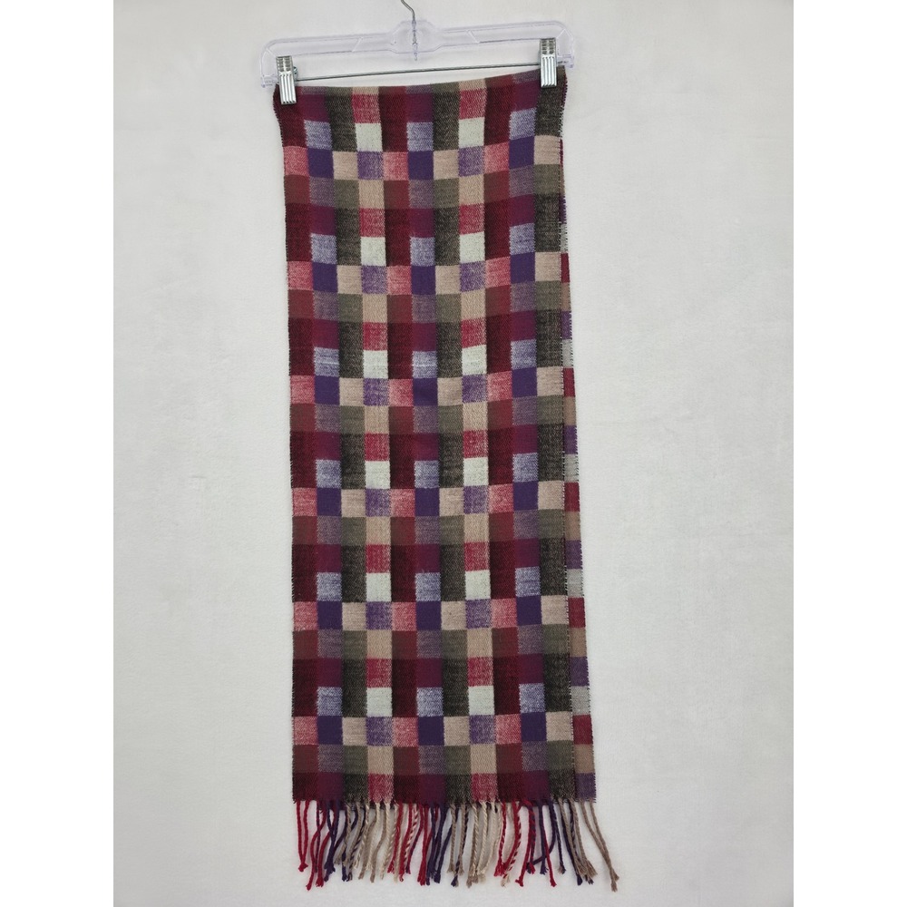 100% Cashmere Scarf Made in Scotland Multi Color Check Plaid Fringe Purple Red